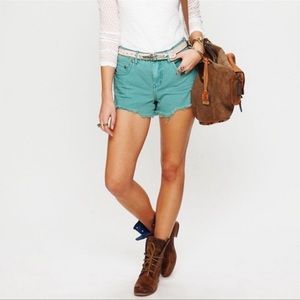 Free People Teal Cut Off Fringe Hem Denim Shorts Size 28
